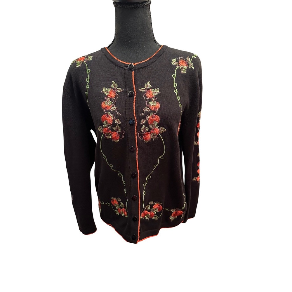 Terazzo Womens Medium Black Pumpkin Embroidered Cardigan Sweater Fall Halloween